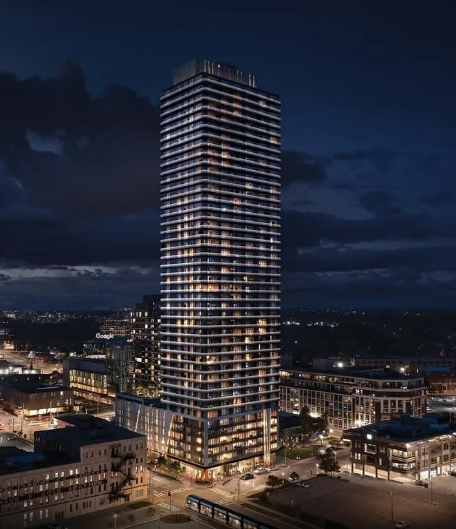 Tek Tower, a residential high-rise by IN8 Developments in Kitchener, Ontario, at night